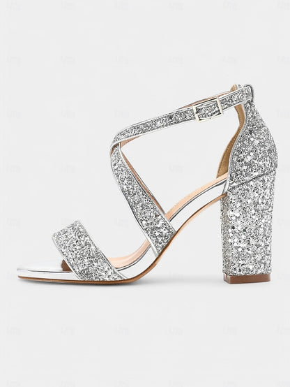 Glitter Gold Sandals Heel Block Women's