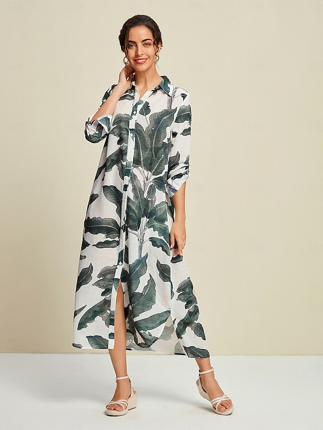 Tropical Leaves Print Maxi Dress