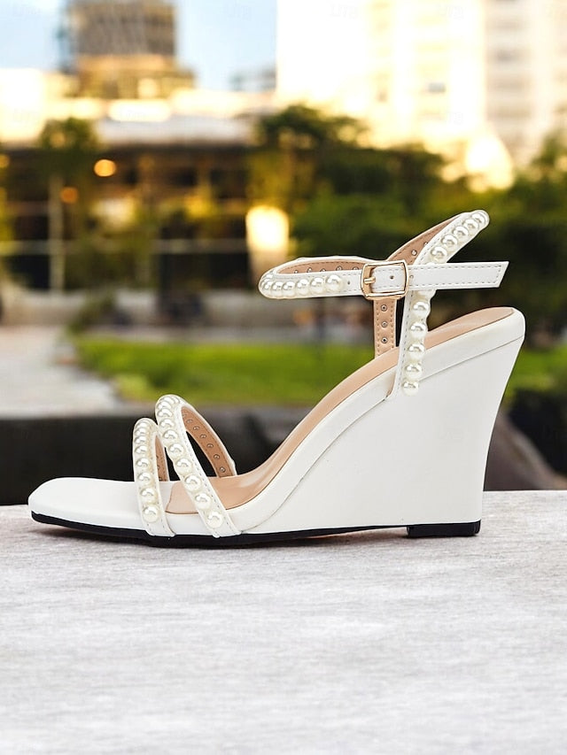 Open-Toe – Pearl-Embellished Heels Wedge Women's Elegant