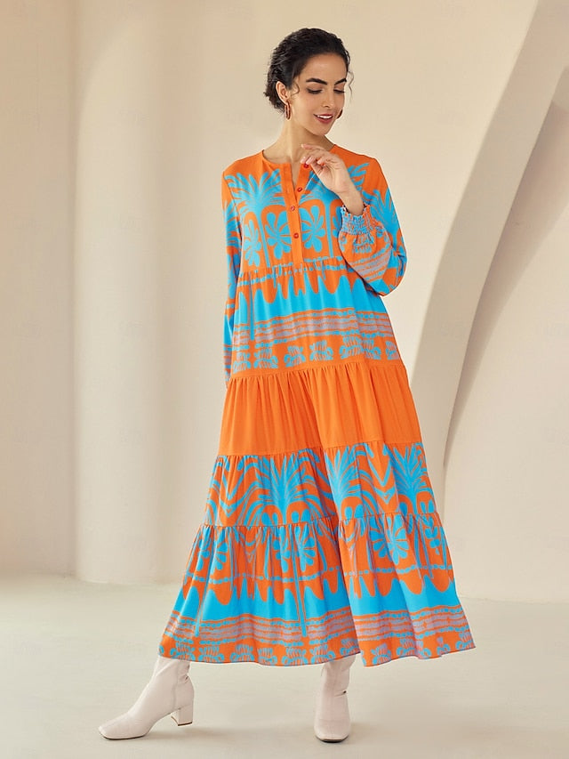 Plants Linear Button Up Crew Neck Ethnic Casual Maxi Dress