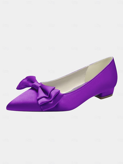Satin Toe Pointed Green Bow Elegant - Women's Flats