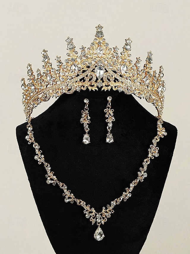 – Sparkling Set Gold-Plated Tiara Diamond Necklace Crown and