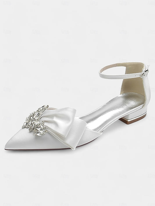 Bow with Pointed-Toe Rhinestone Ankle White Heels Satin and