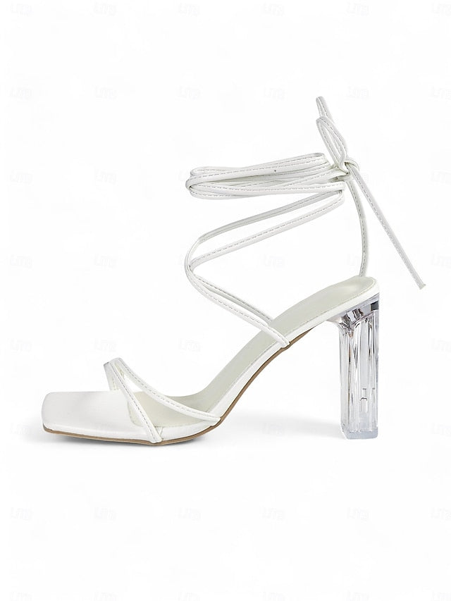 Heel with Strappy Women's Heels Lace-Up Clear White Block