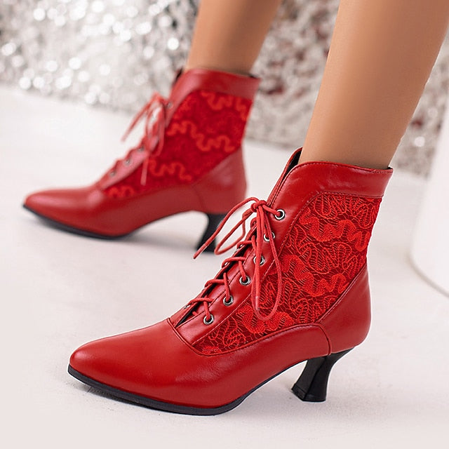 Lace-Up Ankle Women's Boots White Embroidered with Panels