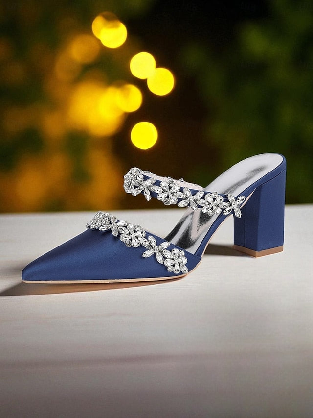 Block Satin Women's Heel Rhinestone Mules with Floral Black