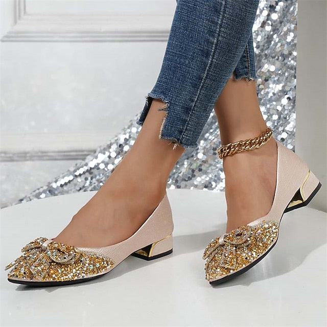 Women's Glitter Flats Rhinestone Detail - Elegant Bow with