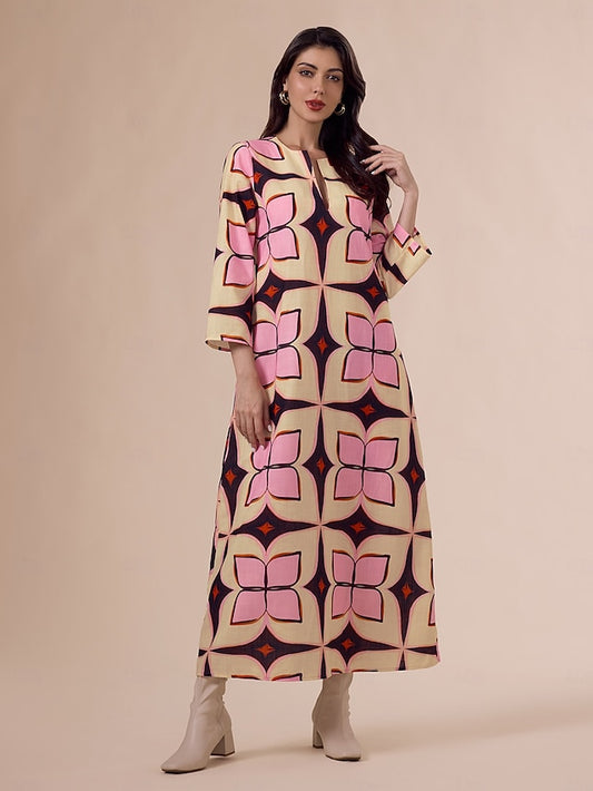 Geometric Print Notched Collar Maxi Dress
