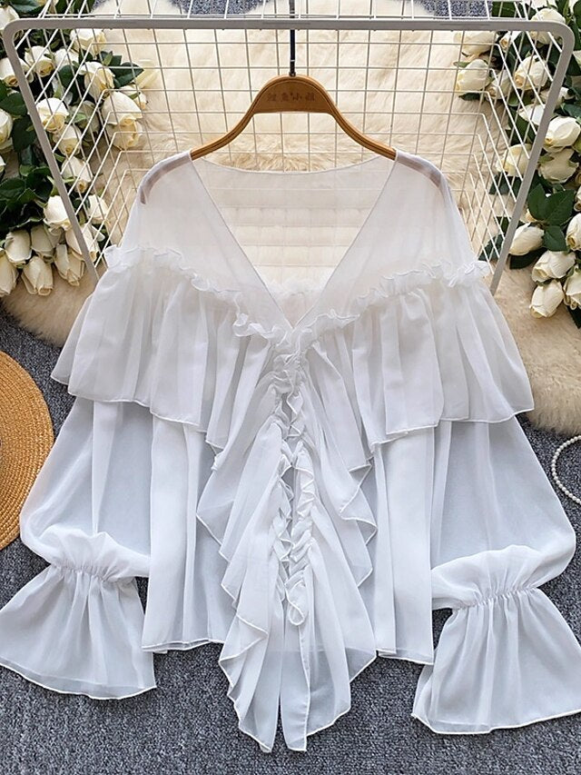 Women's Blouse Solid Color Stylish Casual Long Sleeve V