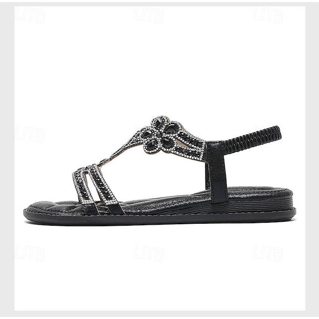 Flat Sandals Silver Women's – T-Strap Rhinestone Boho