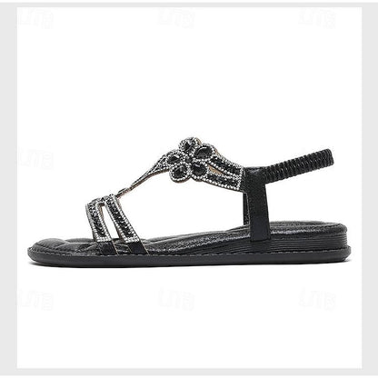 Flat Sandals Silver Women's – T-Strap Rhinestone Boho