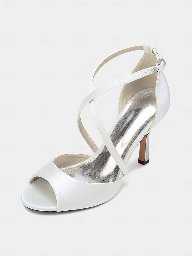 Women's Satin Peep-Toe – Elegant White Heels Cross-Strap