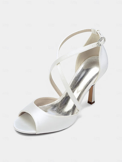 Women's Satin Peep-Toe – Elegant White Heels Cross-Strap