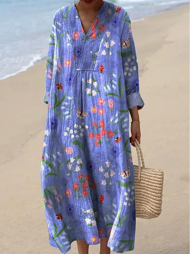 Women's Midi Dress V Neck Long Sleeve Kaftan Lightweight