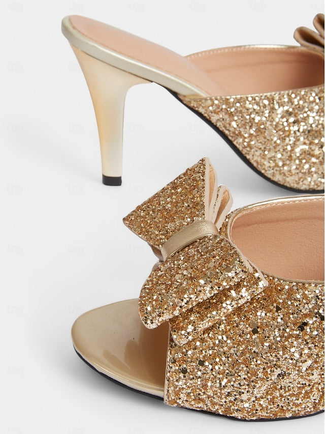Bow Glamorous – Gold Women's Mules Stiletto Glitter Party