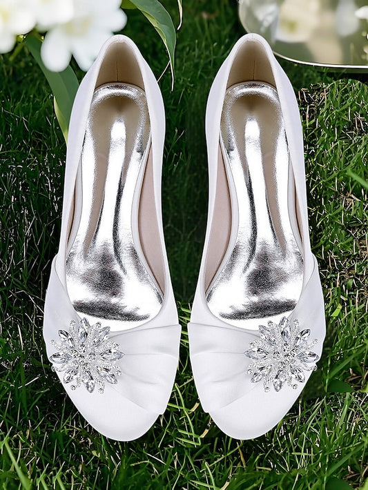 Elegant Crystal Flats White Satin – Wedding Women's
