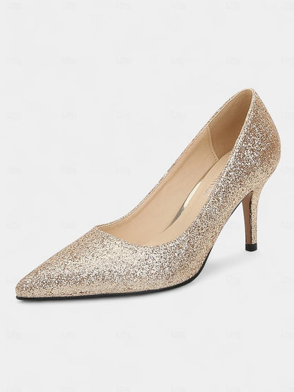 Pumps Gold Pointed-Toe - Stiletto Sparkly Glitter Women's