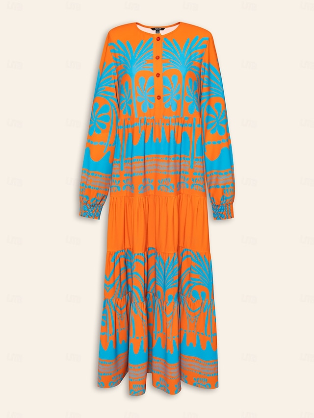 Plants Linear Button Up Crew Neck Ethnic Casual Maxi Dress