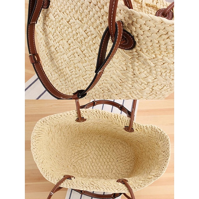 Tote Boho Leather Straps Women's Large Bag Chic Straw with
