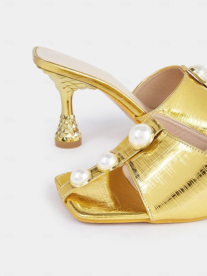 Open-Toe Mules Elegant Pearl with for Detailing Women Gold –