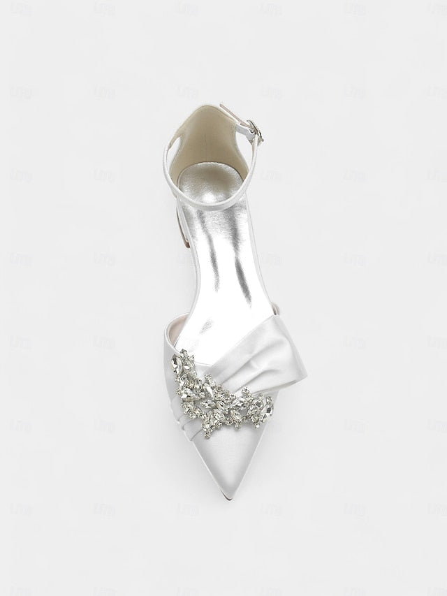 Bow with Pointed-Toe Rhinestone Ankle White Heels Satin and