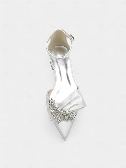 Bow and Heels Pointed-Toe Ankle Rhinestone with White Satin