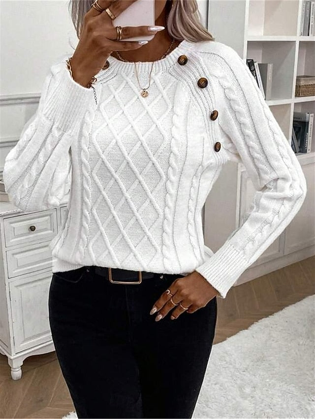 Women's Sweater Casual Soft Pure Color Cable Crew Neck