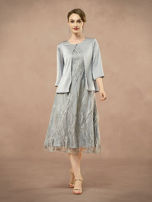 Elegant Pieces the of Mother Two A-Line Dress Neck Bride Jewel