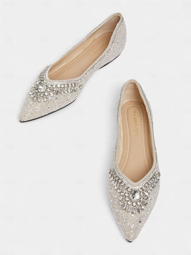 Toe Crystal Pointed Flats Women's Glitter with Silver
