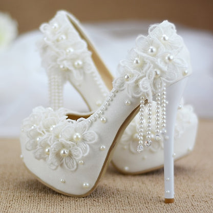 White Floral Platform Heels Wedding Lace with Women's