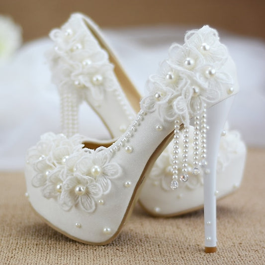 White Floral Platform Heels Wedding Lace with Women's