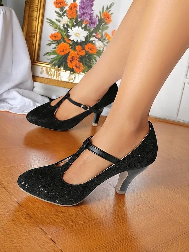 Lace Heel Ivory Mid T-Strap Women's Pumps-1920s Vintage