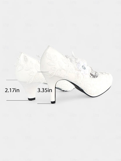 Floral Embellishments High – Shoes White Heel Bridal with Lace