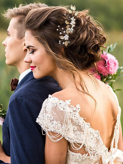 Faux and Gold Leaf Accessory Pearls Bridal Silver Set with Hair