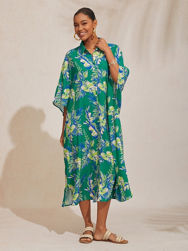 Leaf Print Shirt Short Sleeve Midi Chiffon Dress