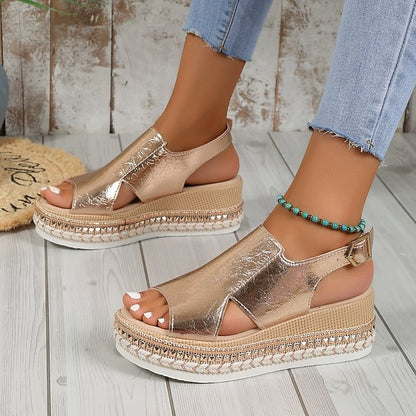 Espadrille Platform Leather Gold Metallic Women's Faux