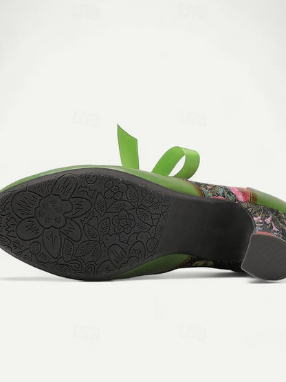 Mary Jane Green Heels Women's Print Floral Leather with