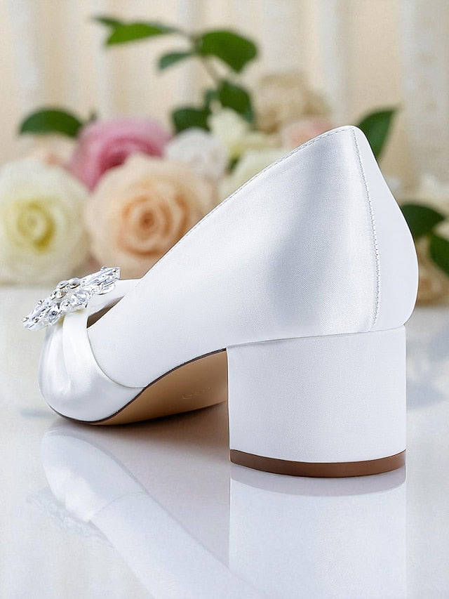 Block Heel Pumps with Crystal Low White Women's