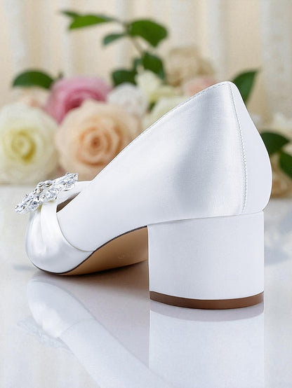 Block Heel Pumps with Crystal Low White Women's