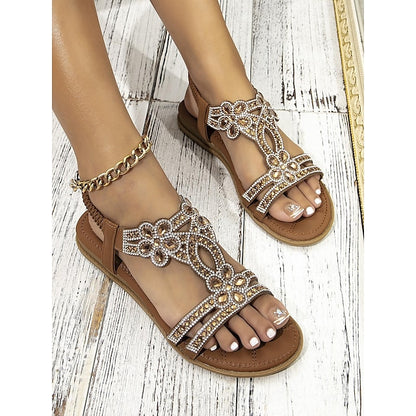 Flat Sandals Silver Women's – T-Strap Rhinestone Boho