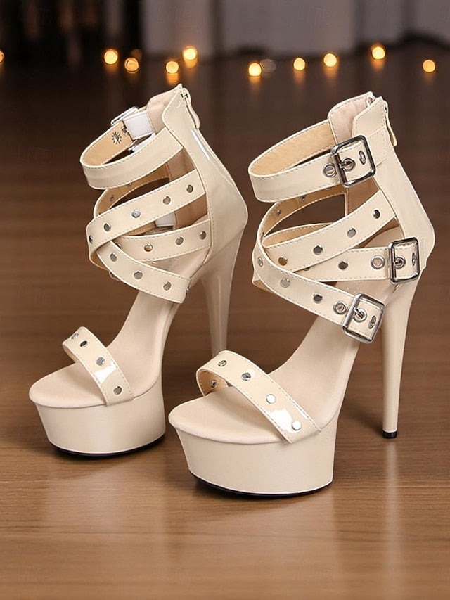 High Buckled Platform Straps Women's with and White Heels