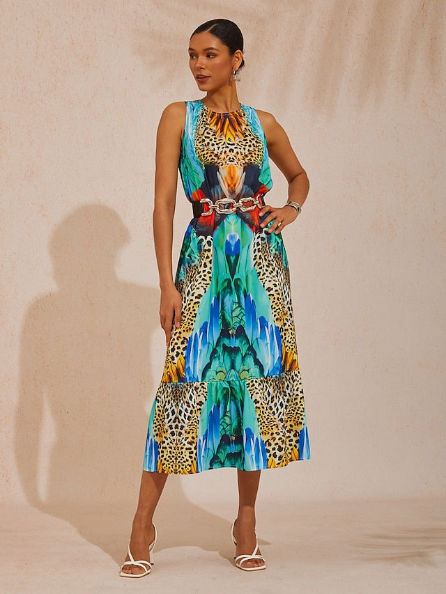 Vacation Jungle Print Satin Maxi Dress
