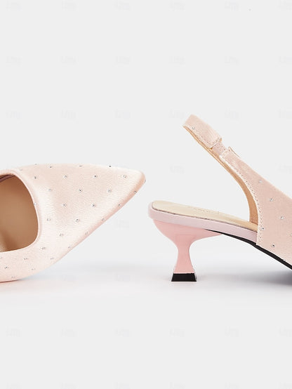 Heels Kitten Studs Satin Women's with Slingback Rhinestone