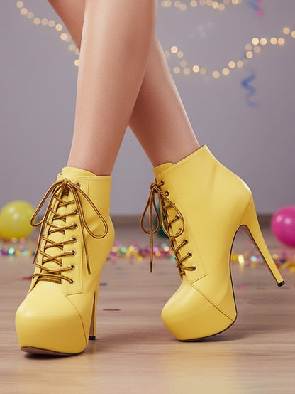 Boots Platform Beige Ankle - Women's Lace-Up Leather Faux