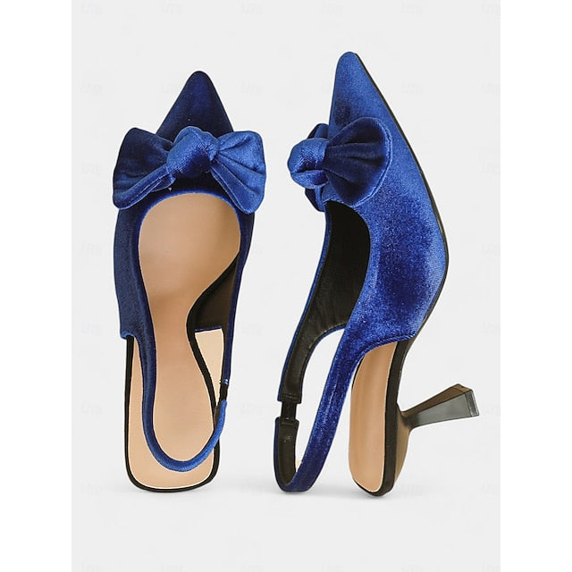 Women's Bow Pointed Velvet Heels Slingback Toe with Blue