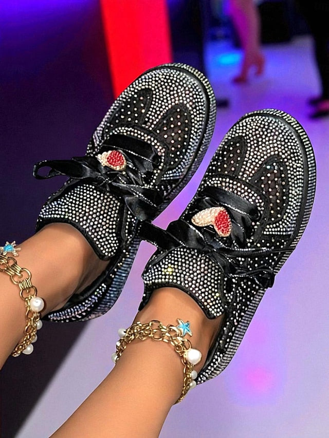 Rhinestone Sneakers with Women's Ribbon White Satin Laces