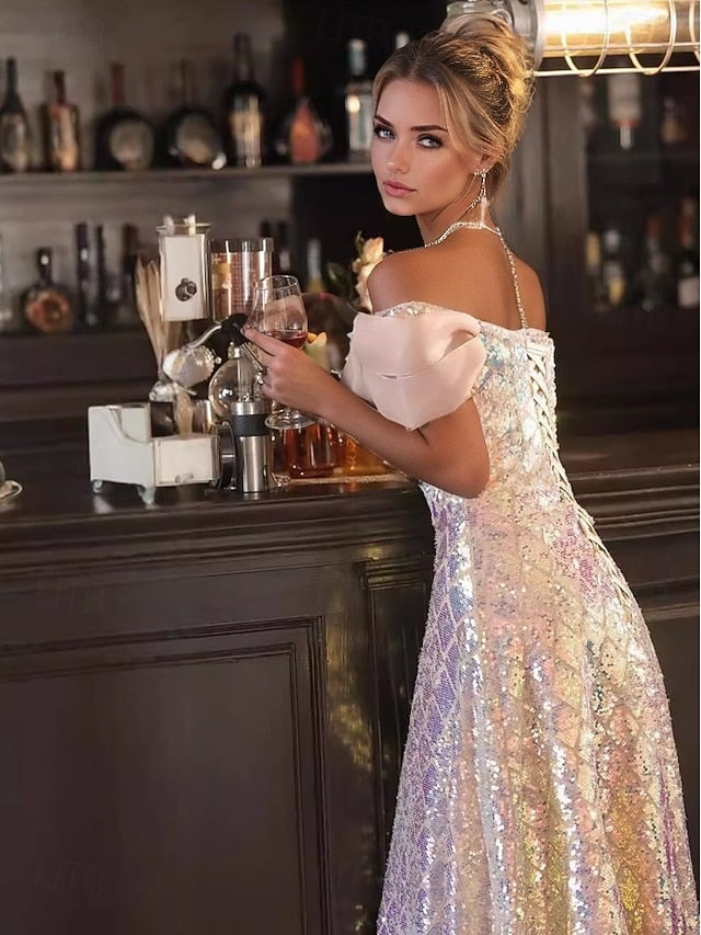 A-Line Floor Length Prom Dresses Elegant Glittering Short Sleeve