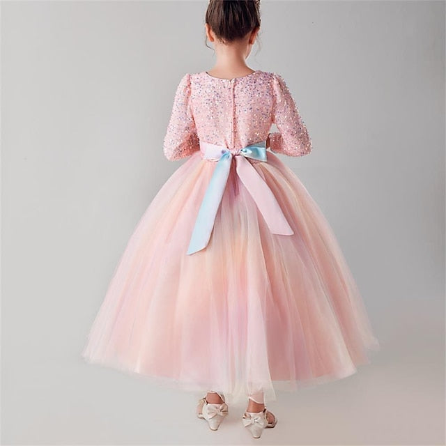 Kids Girls' Party Flower Long Color Girl Solid Dress