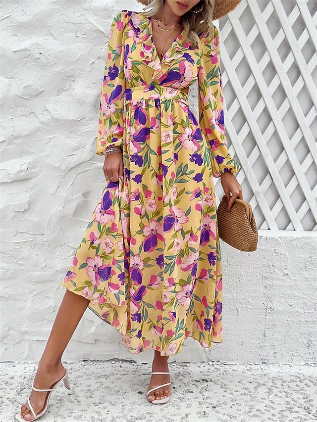 Women's Floral V Neck Maxi Dress Long Sleeve Summer Spring