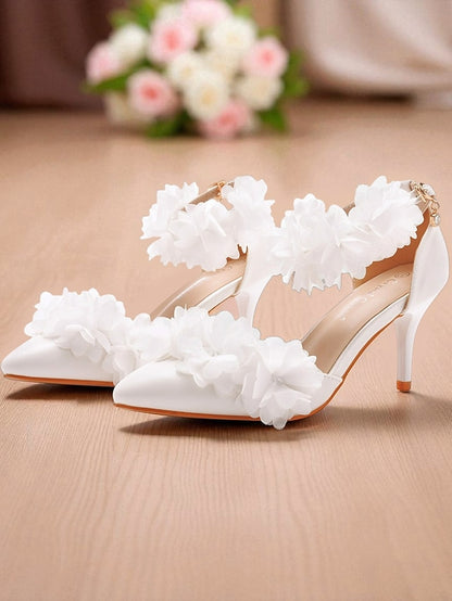 Floral Pointed Women's Strap Elegant Heels - White Ankle